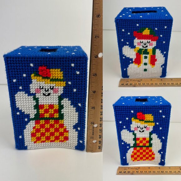 Vtg Handmade Square Blue Tissue Box Cover Snowman Winter Plastic Canvas Yarn - Picture 3 of 11